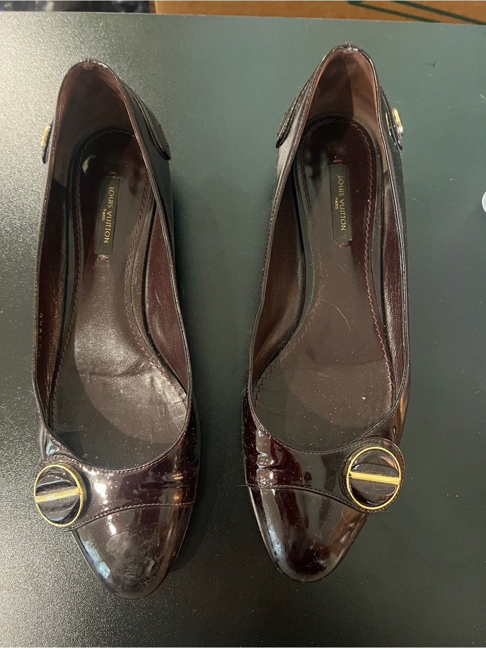 Louis Vuitton Women's Burgundy Patent Leather Ballet Flats with Gold Buckle
